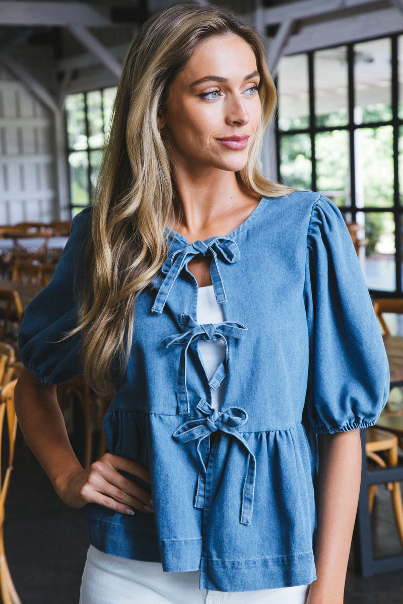 Felicity Puff Sleeve Peplum Blouse, Denim