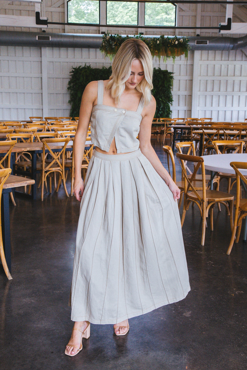 Brielle Linen Box Pleat Maxi Skirt, Khaki