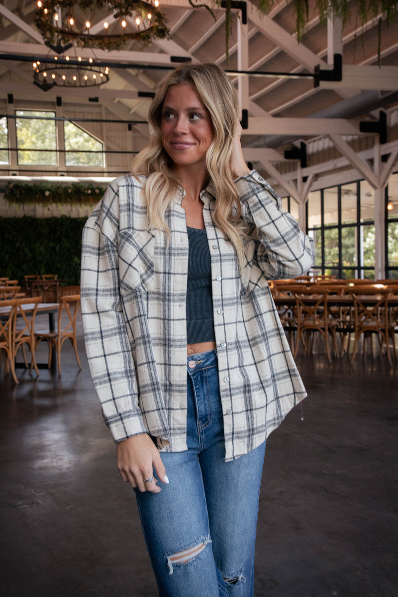 Blaire Plaid Shacket, Ecru