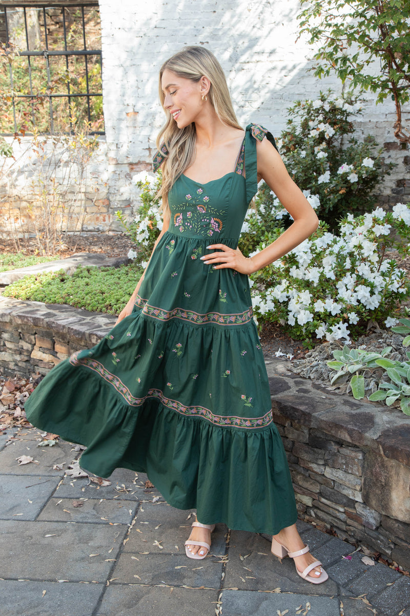 Lakyn Embroidered Maxi Dress, Hunter Green