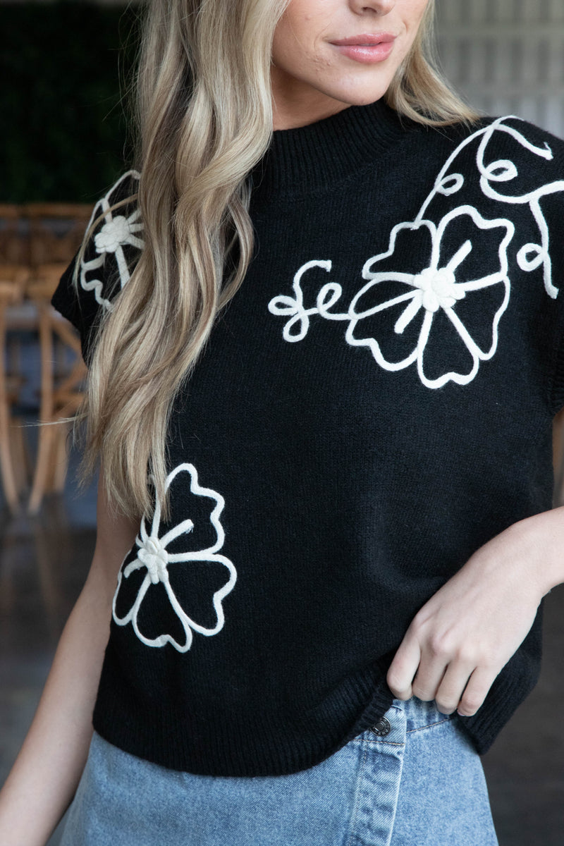 Kaliyah Floral Appliques Sweater, Black