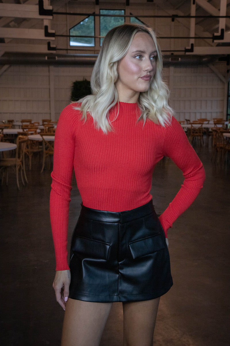 Cleo Rib Knit Cropped Sweater, Red