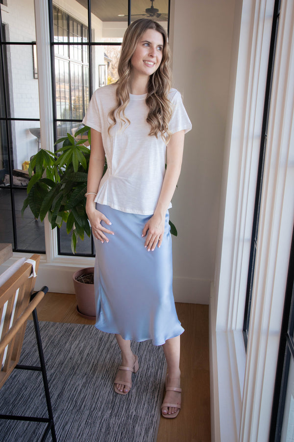 Devin Satin Midi Skirt, Ice Blue