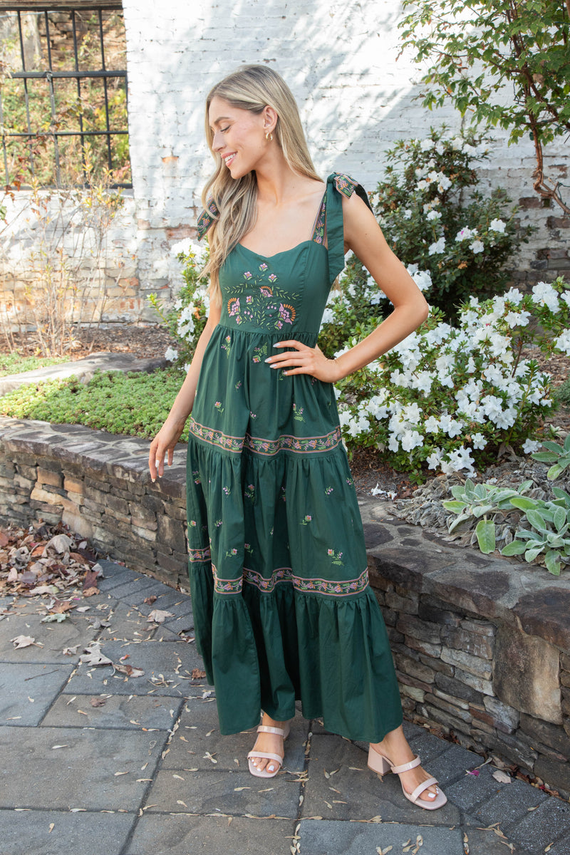 Lakyn Embroidered Maxi Dress, Hunter Green