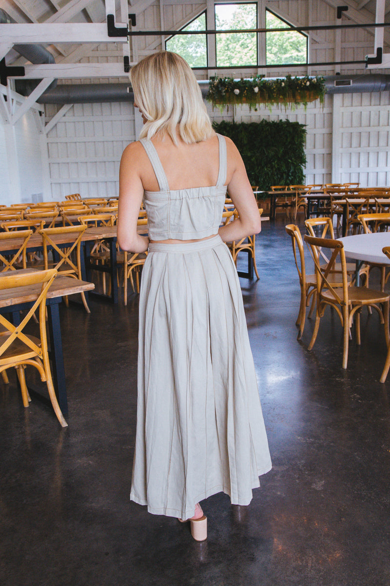 Brielle Linen Box Pleat Maxi Skirt, Khaki