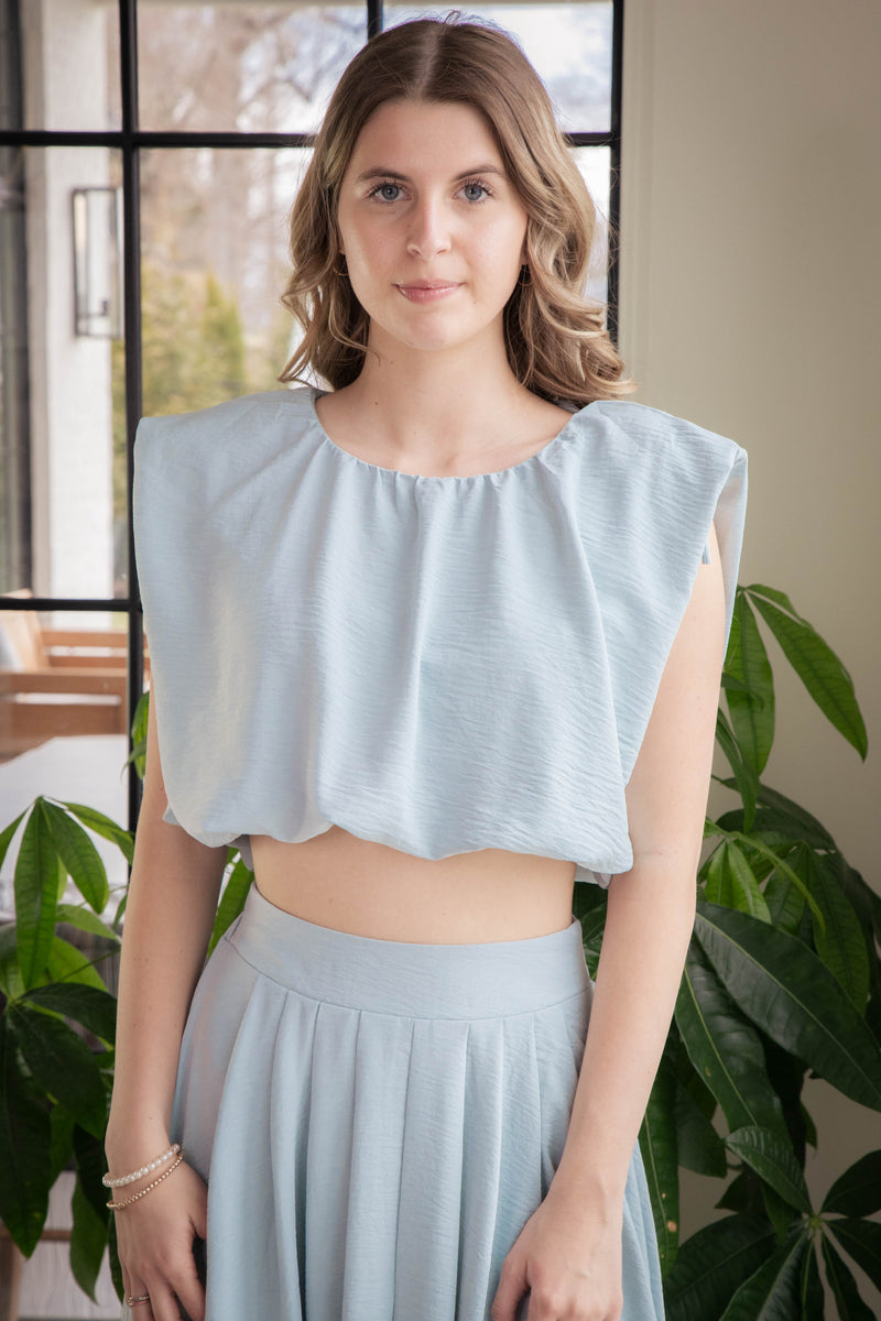 Abigail Bubble Hem Crop Top, Light Blue