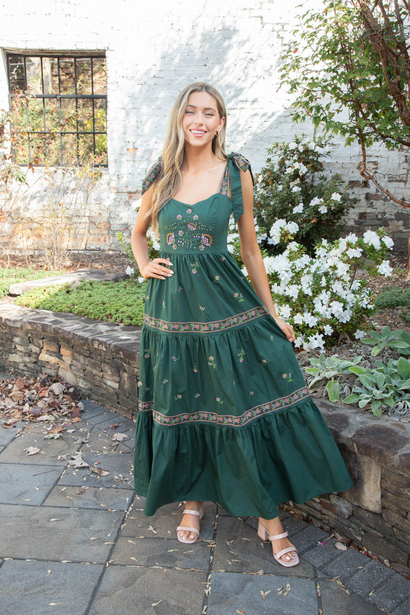 Lakyn Embroidered Maxi Dress, Hunter Green