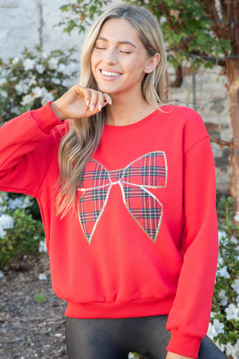 Christmas Plaid Bow Knit Sweatshirt, Red