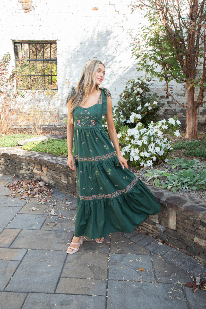 Lakyn Embroidered Maxi Dress, Hunter Green