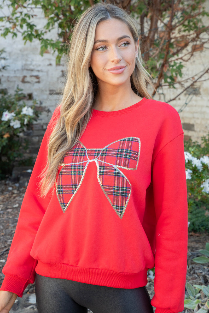 Christmas Plaid Bow Knit Sweatshirt, Red