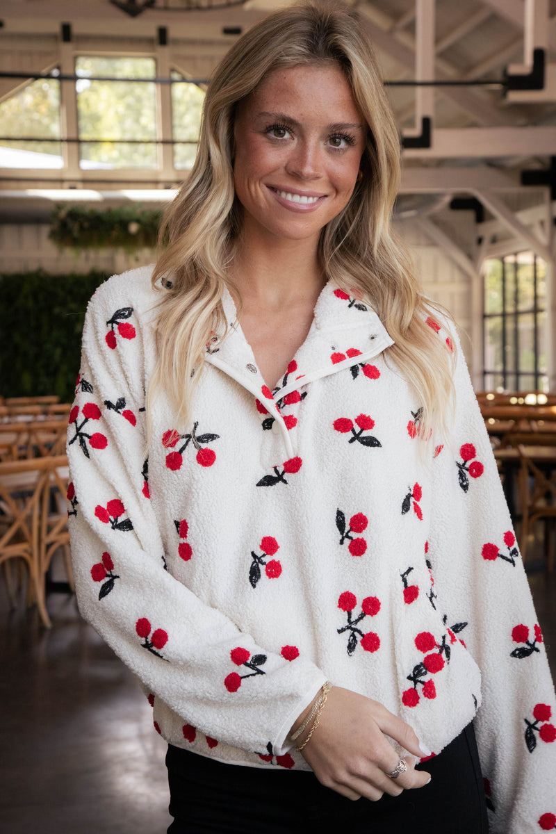 Cherry Snap Button Pullover, Cream