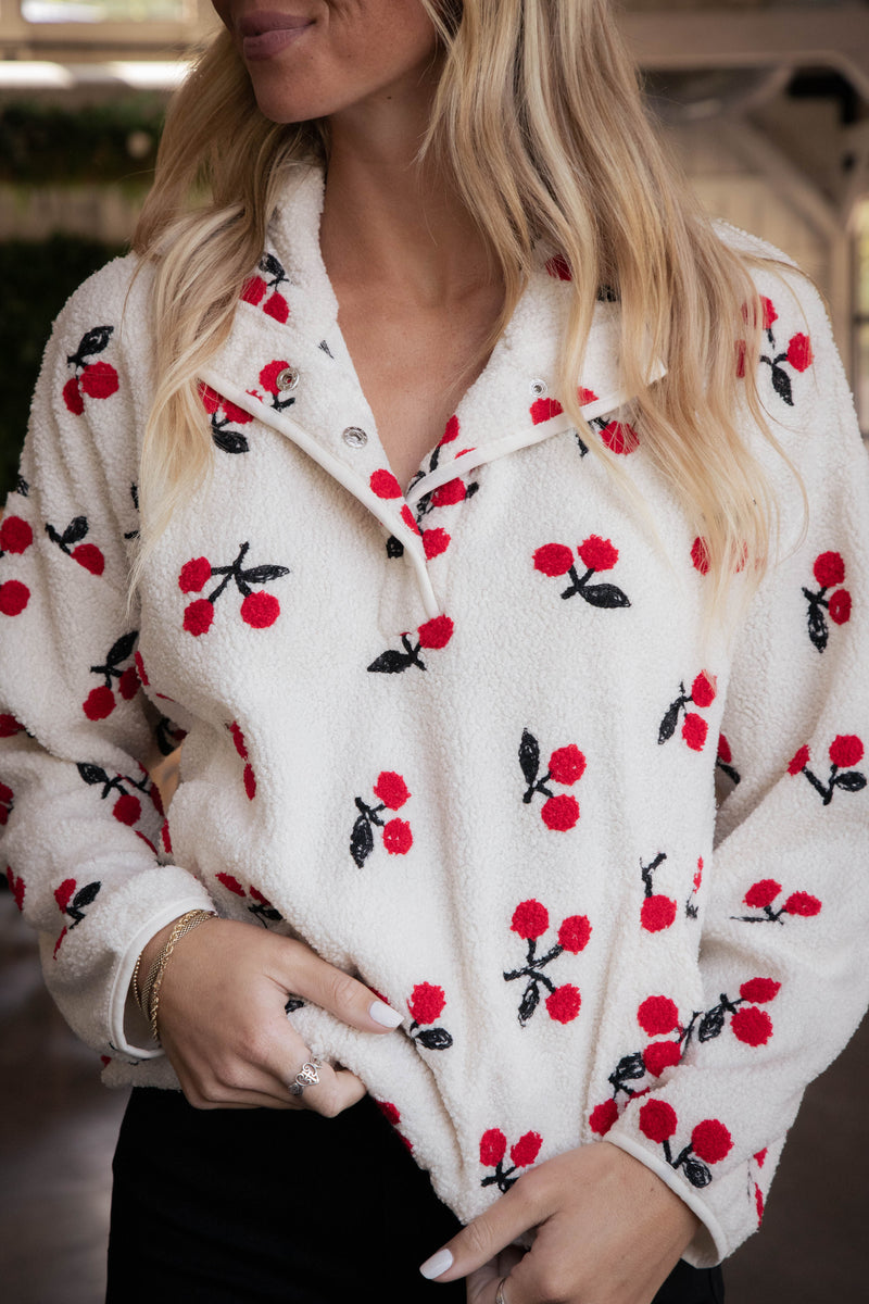 Cherry Snap Button Pullover, Cream