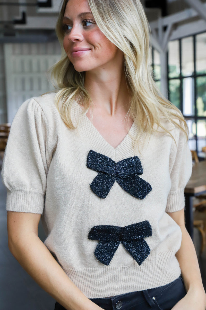 Aniya Bow Front V-Neck Sweater, Toast