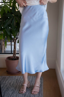 Devin Satin Midi Skirt, Ice Blue