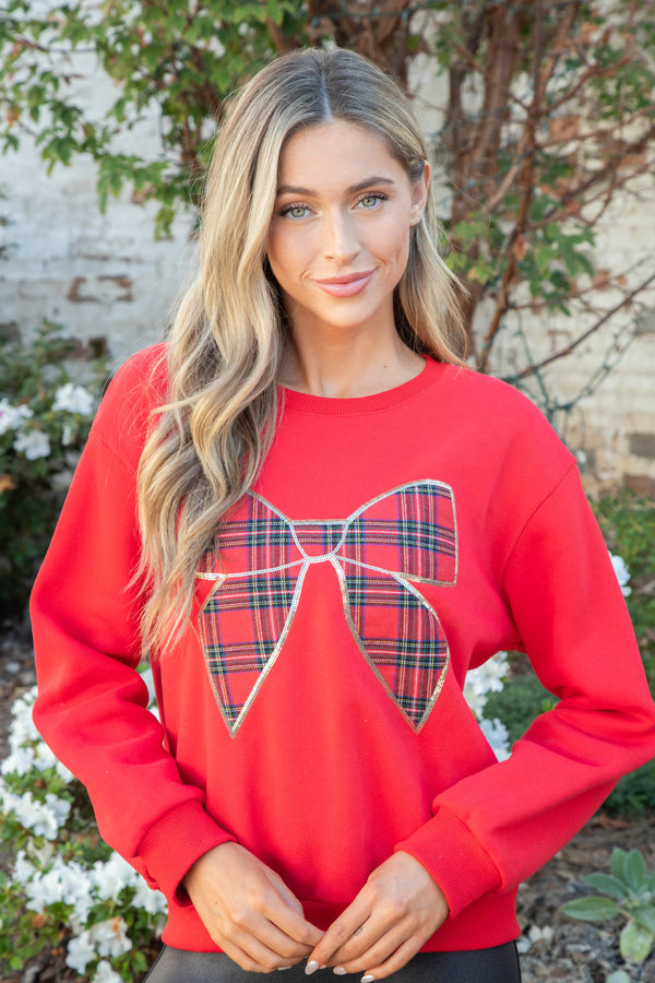 Christmas Plaid Bow Knit Sweatshirt, Red