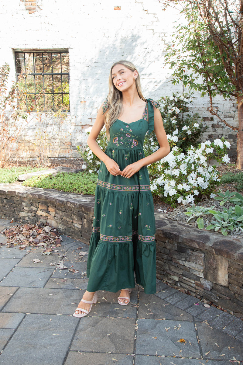 Lakyn Embroidered Maxi Dress, Hunter Green