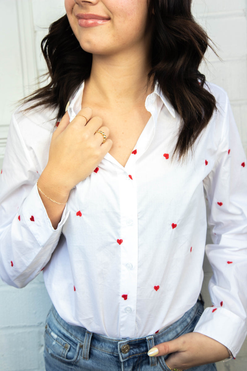 Sloane Heart Embroidered Shirt, White/Red