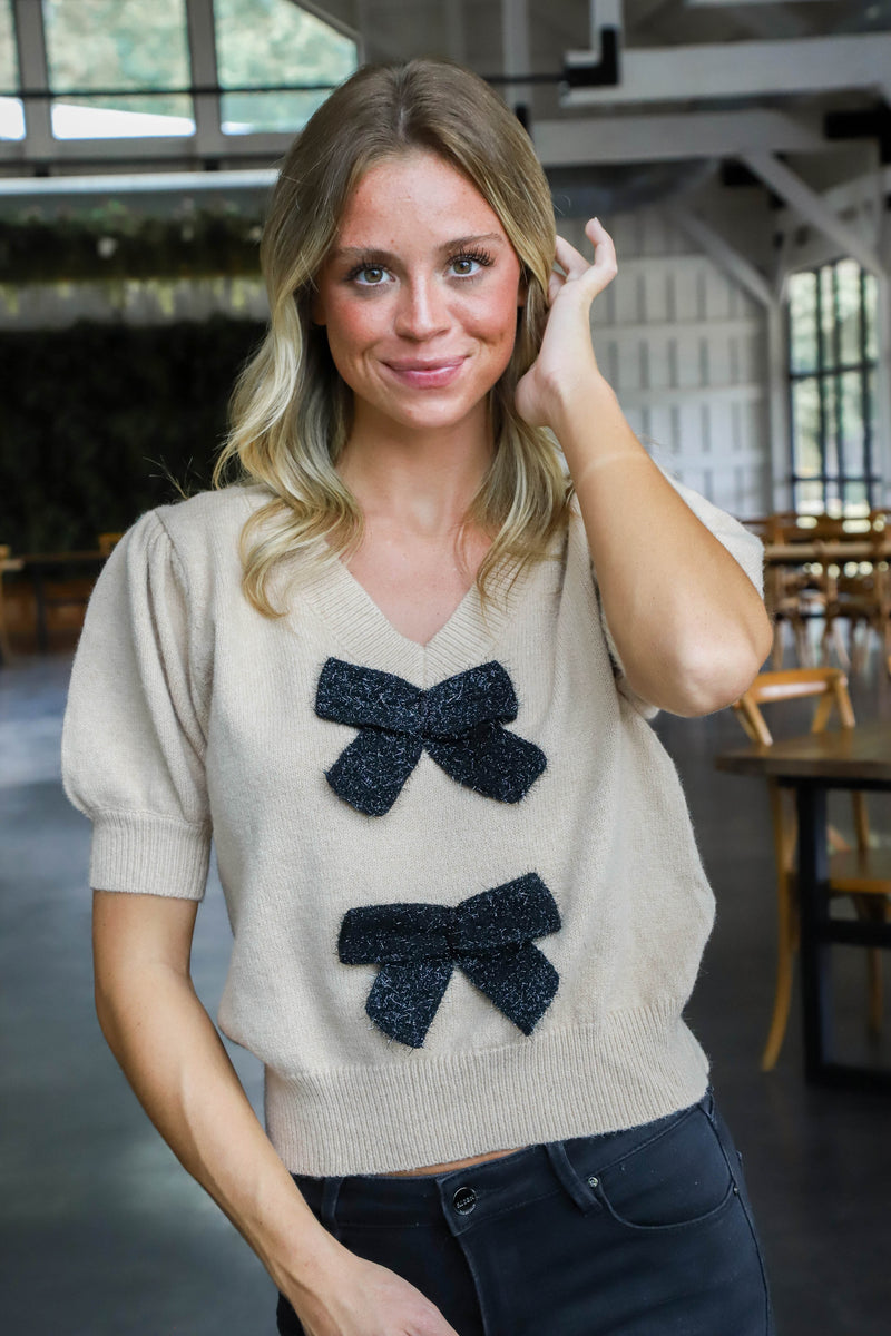 Aniya Bow Front V-Neck Sweater, Toast