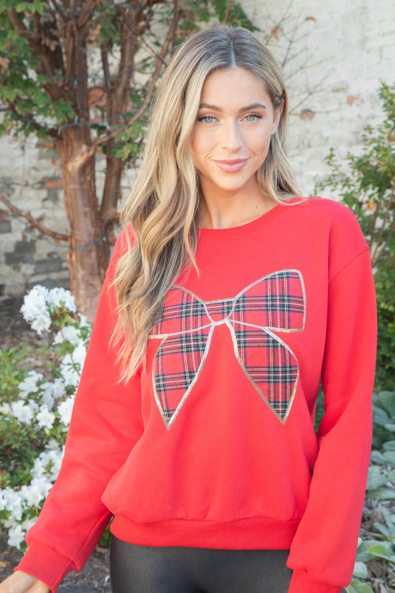 Christmas Plaid Bow Knit Sweatshirt, Red