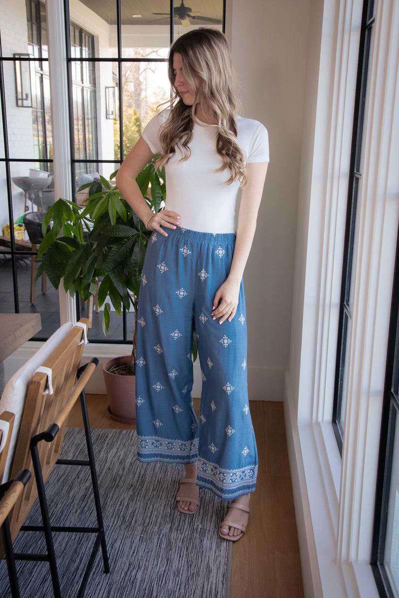 Guinevere Embroidered Wide Leg Pants, Dusty Blue