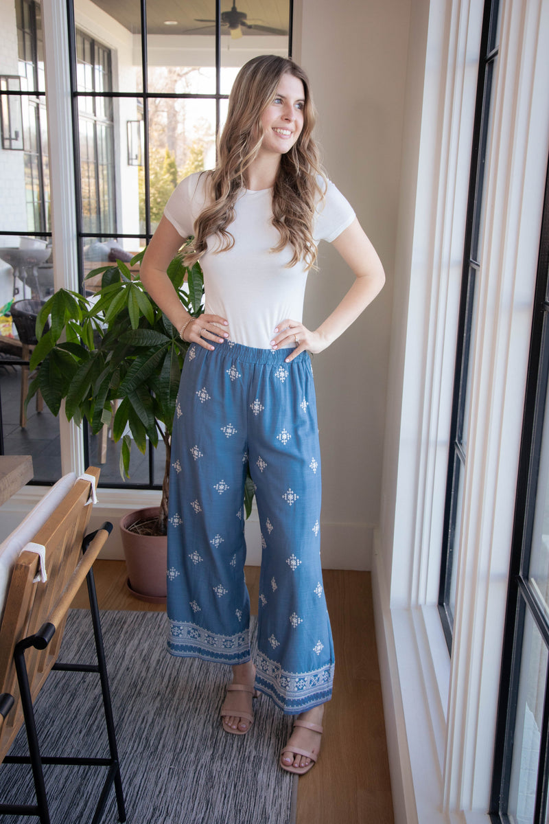 Guinevere Embroidered Wide Leg Pants, Dusty Blue