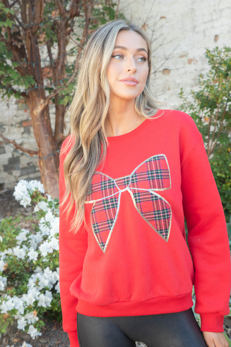 Christmas Plaid Bow Knit Sweatshirt, Red