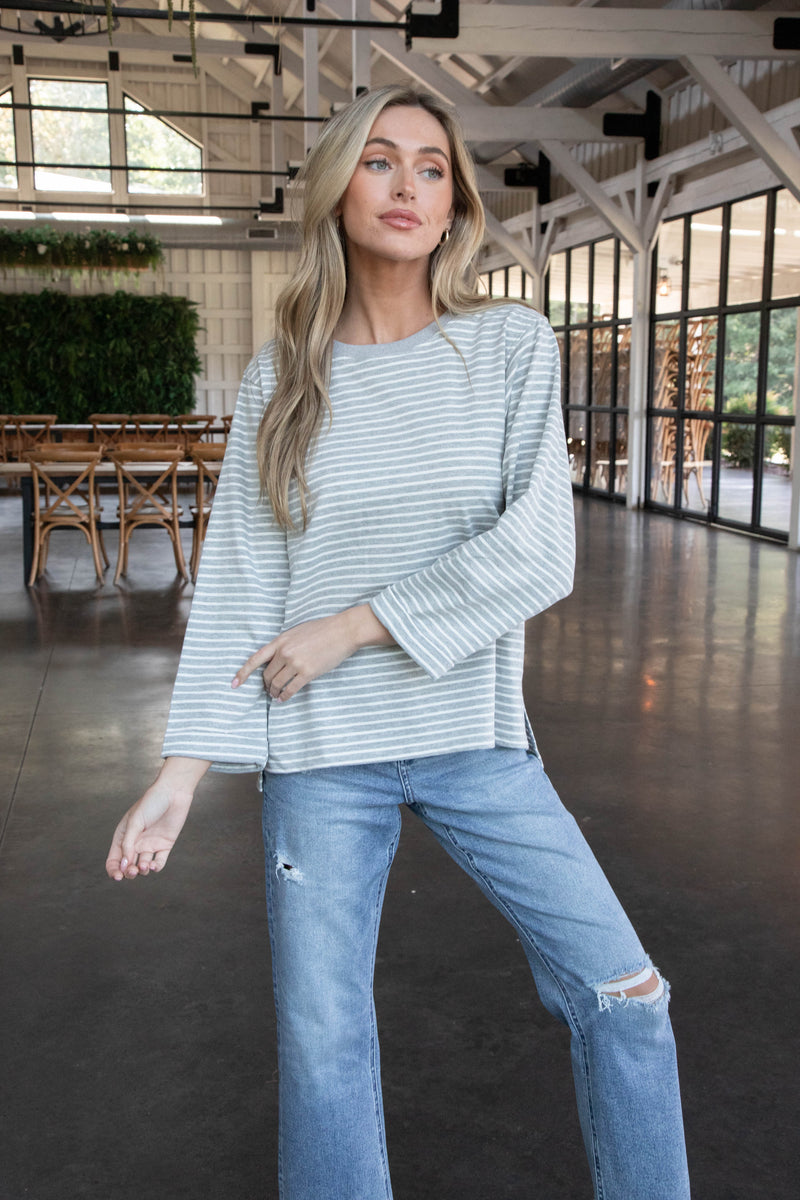 Meera Striped French Terry Top, Heather Grey