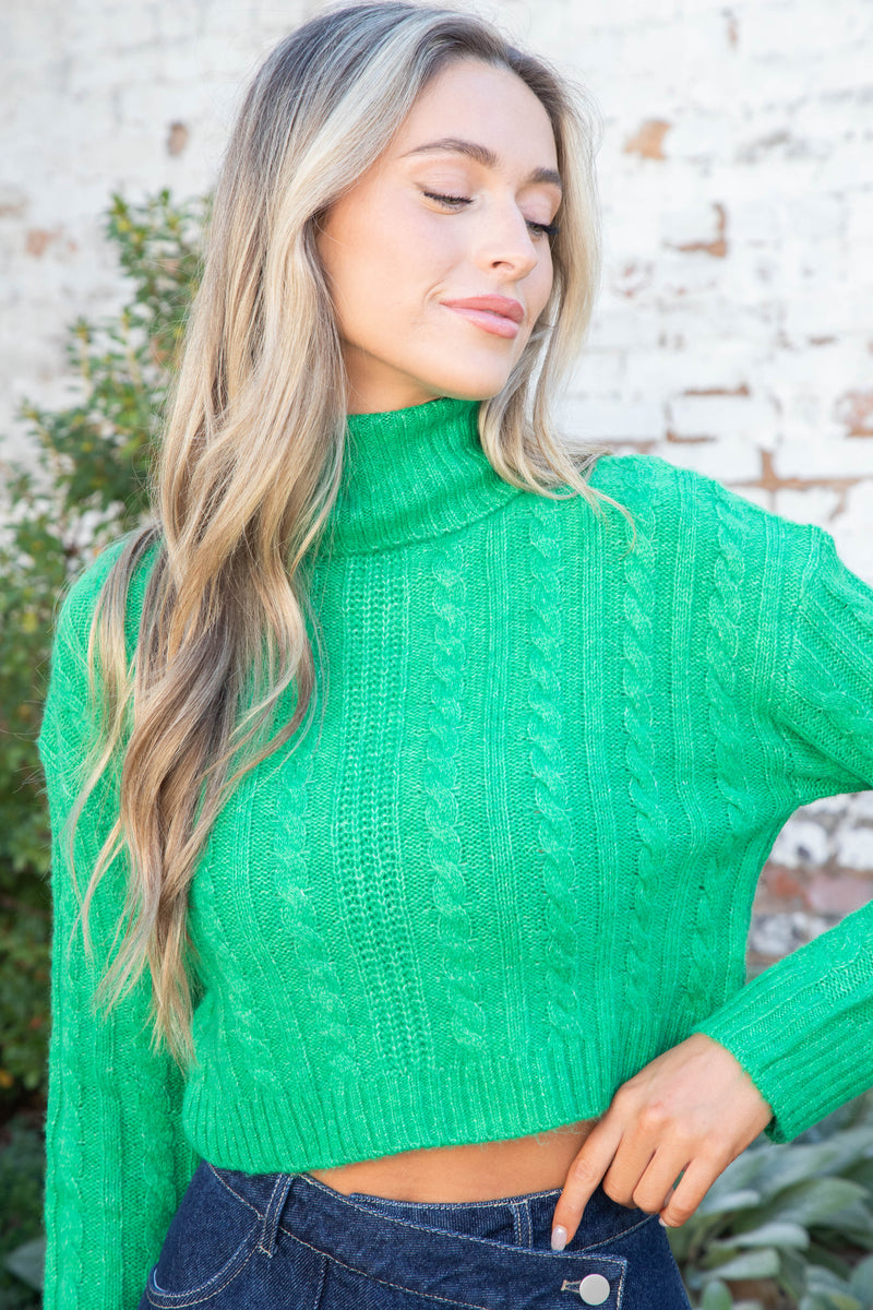 Cambrie Cable Knit Crop Sweater, Green