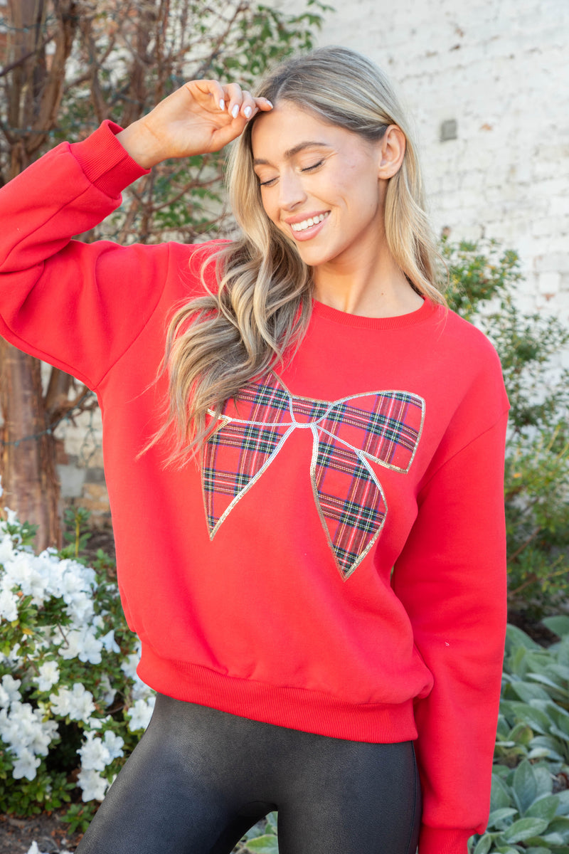 Christmas Plaid Bow Knit Sweatshirt, Red