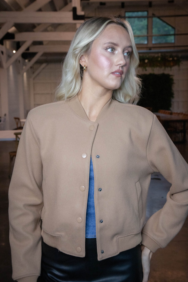 Kaley Snap Front Bomber Jacket, Camel