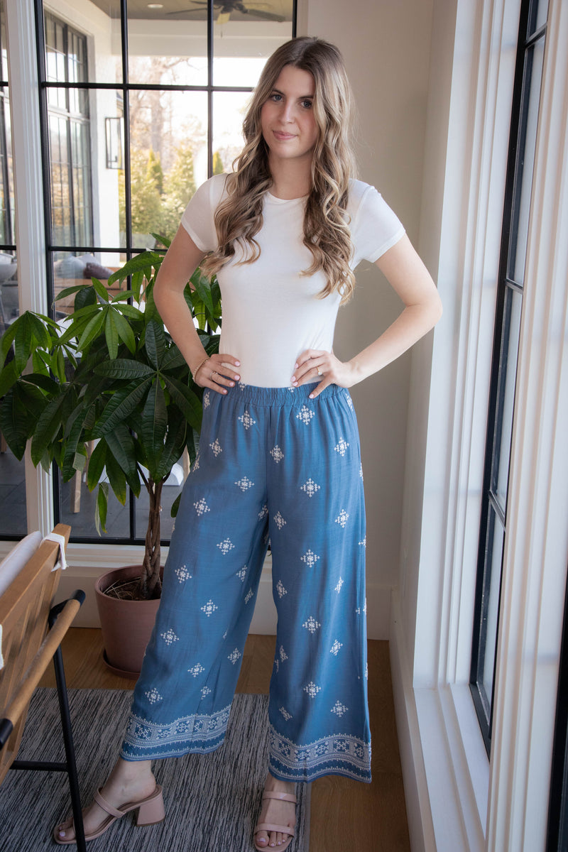 Guinevere Embroidered Wide Leg Pants, Dusty Blue