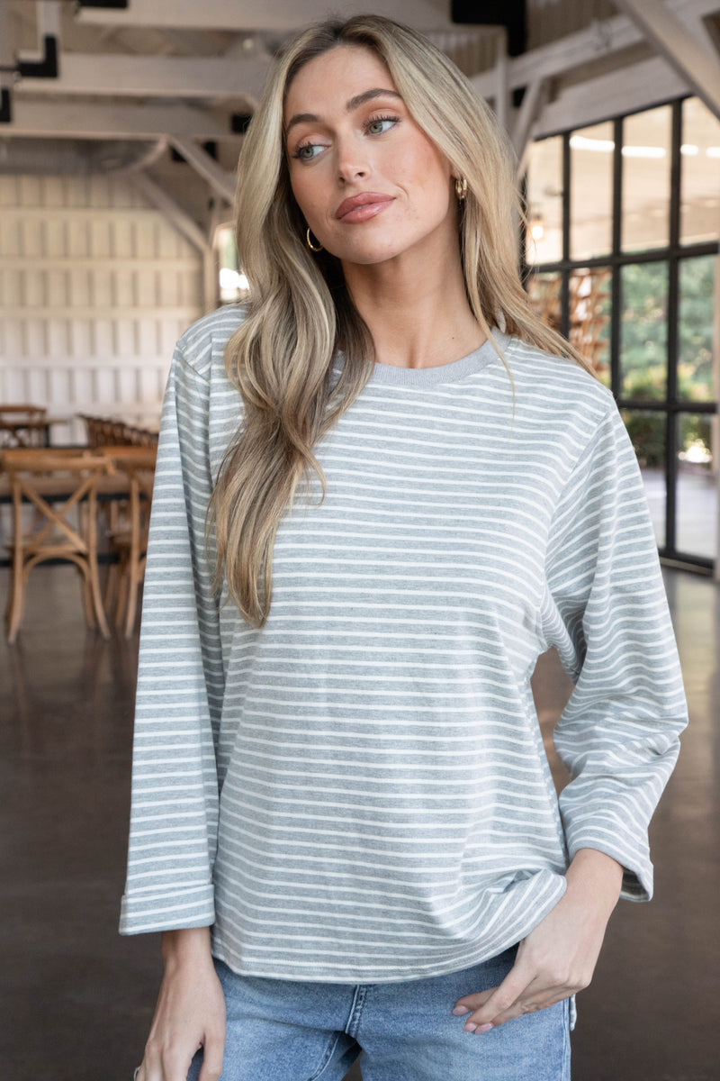 Meera Striped French Terry Top, Heather Grey