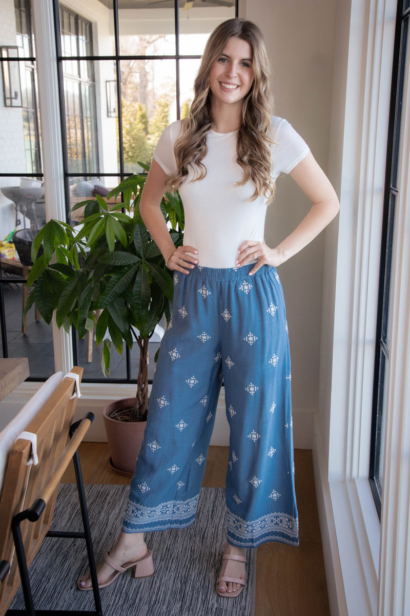 Guinevere Embroidered Wide Leg Pants, Dusty Blue