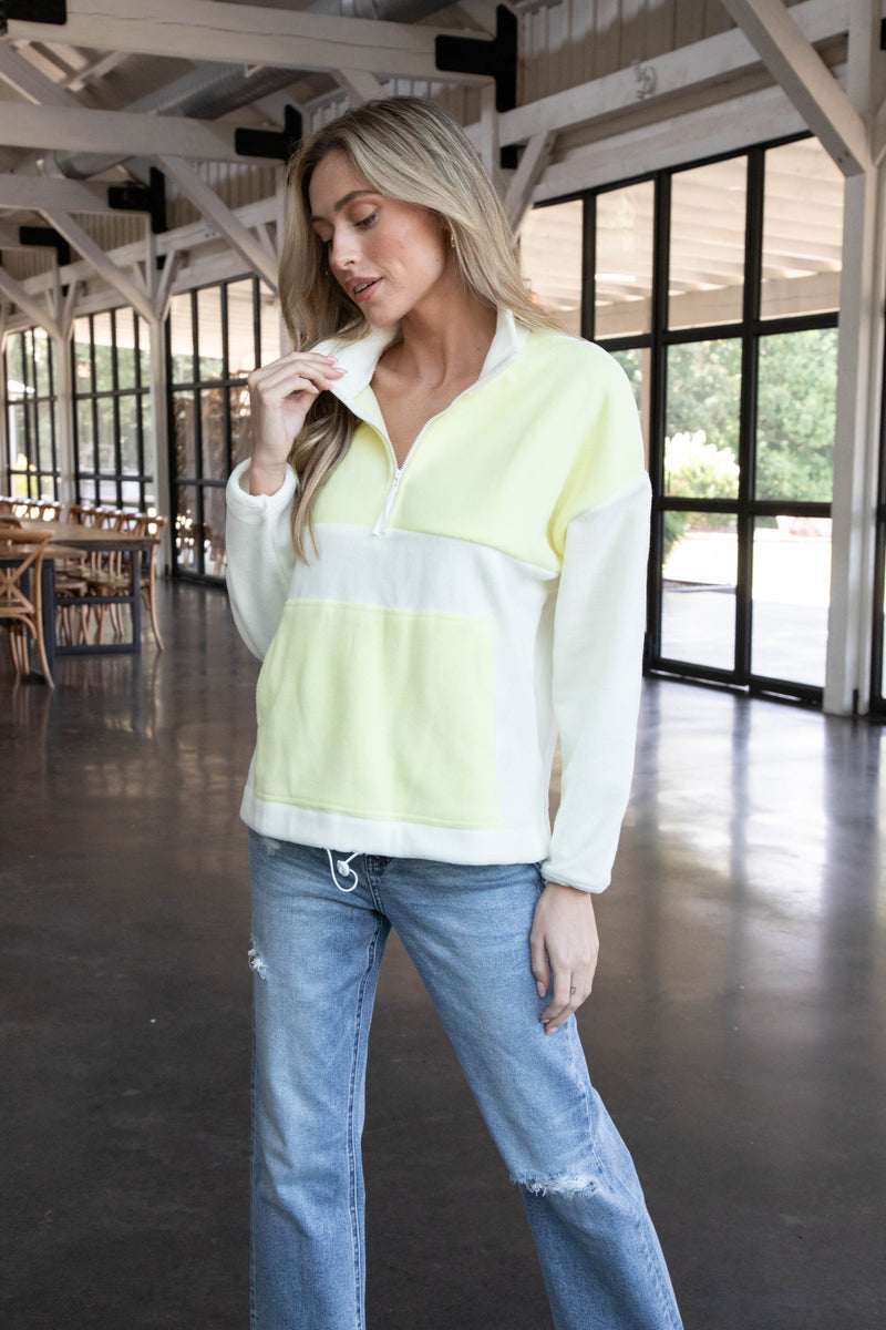 Aryanna Mock Neck Fleece Top, White/Yellow