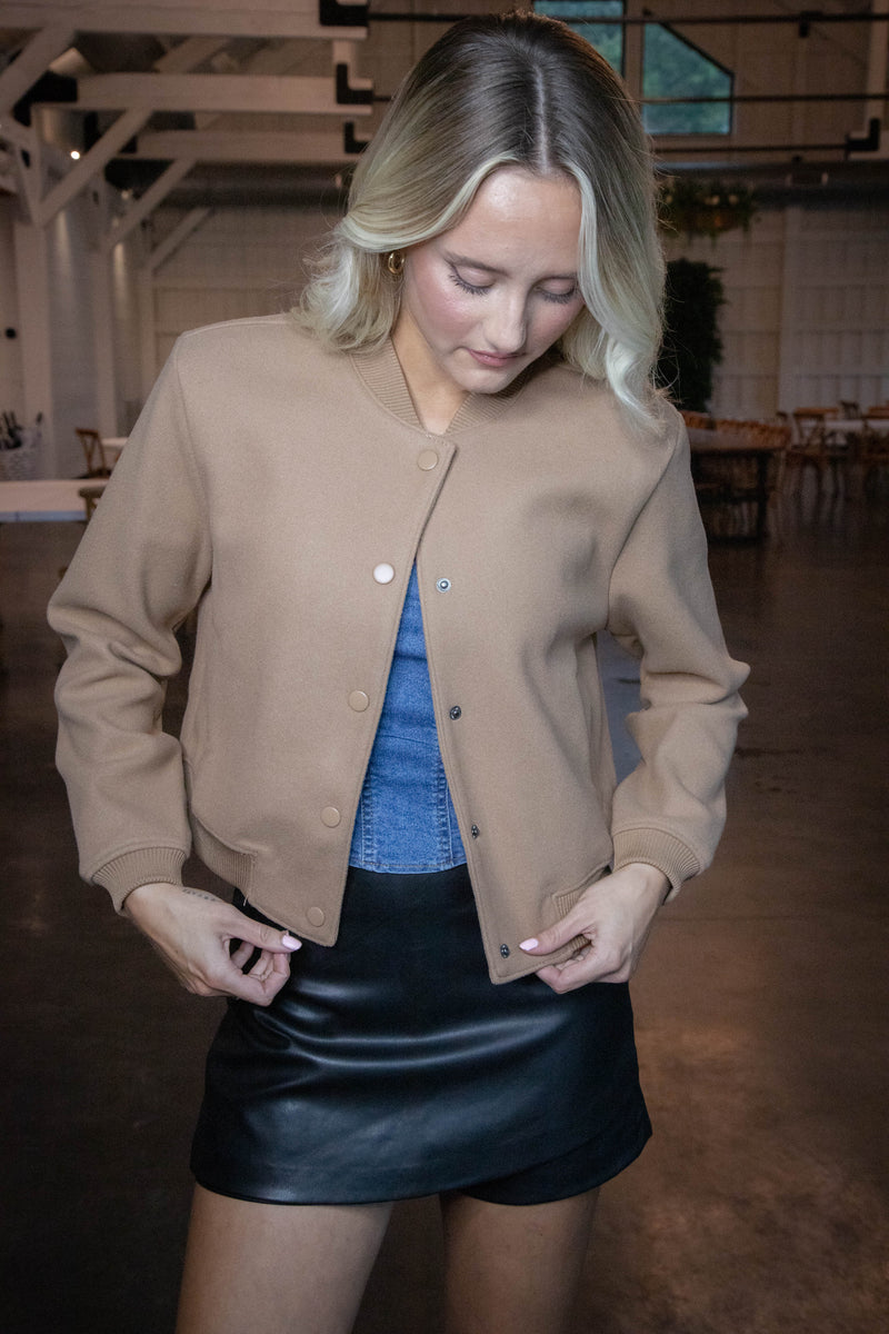 Kaley Snap Front Bomber Jacket, Camel