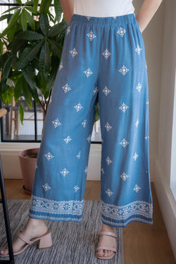 Guinevere Embroidered Wide Leg Pants, Dusty Blue