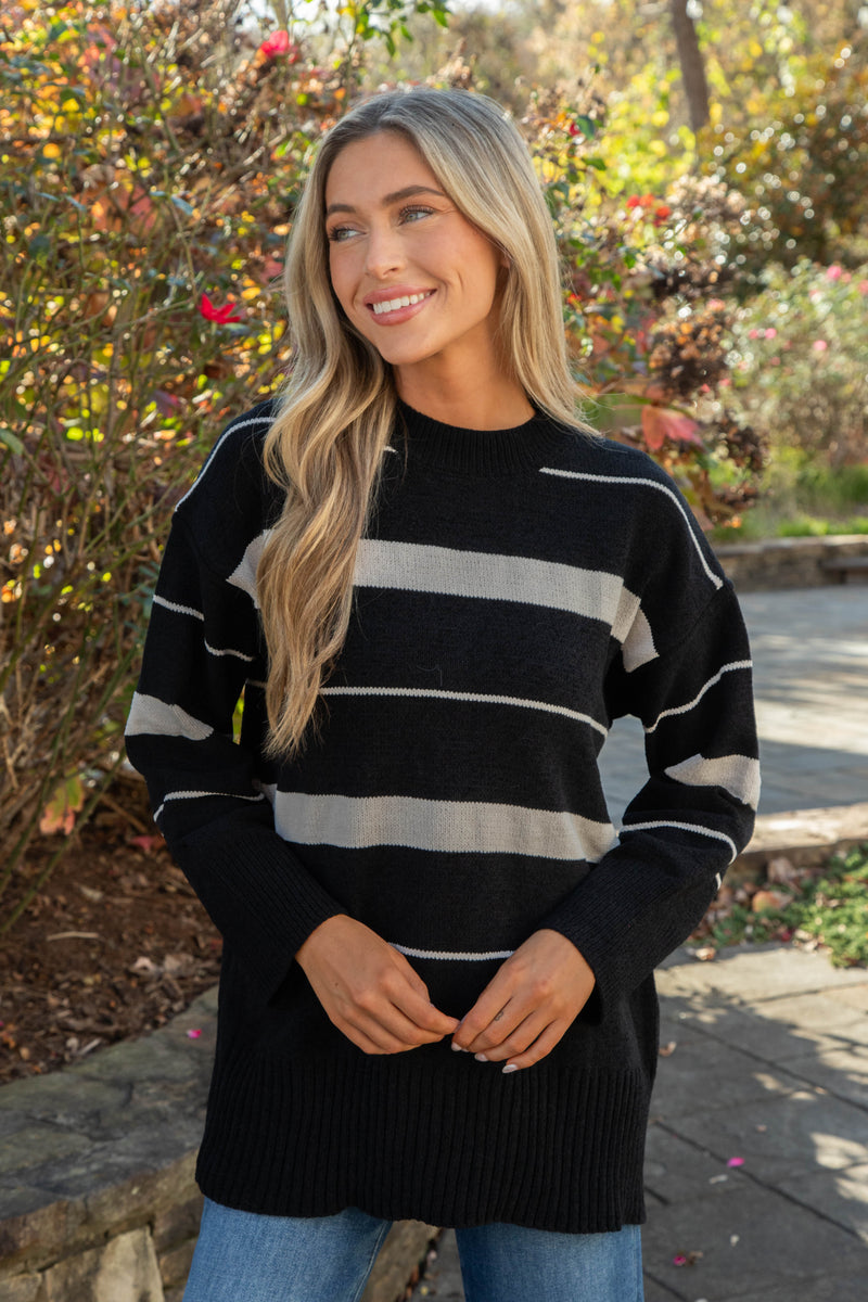 Modern Stripe Tunic Sweater, Black/Almond Stripe | Sanctuary