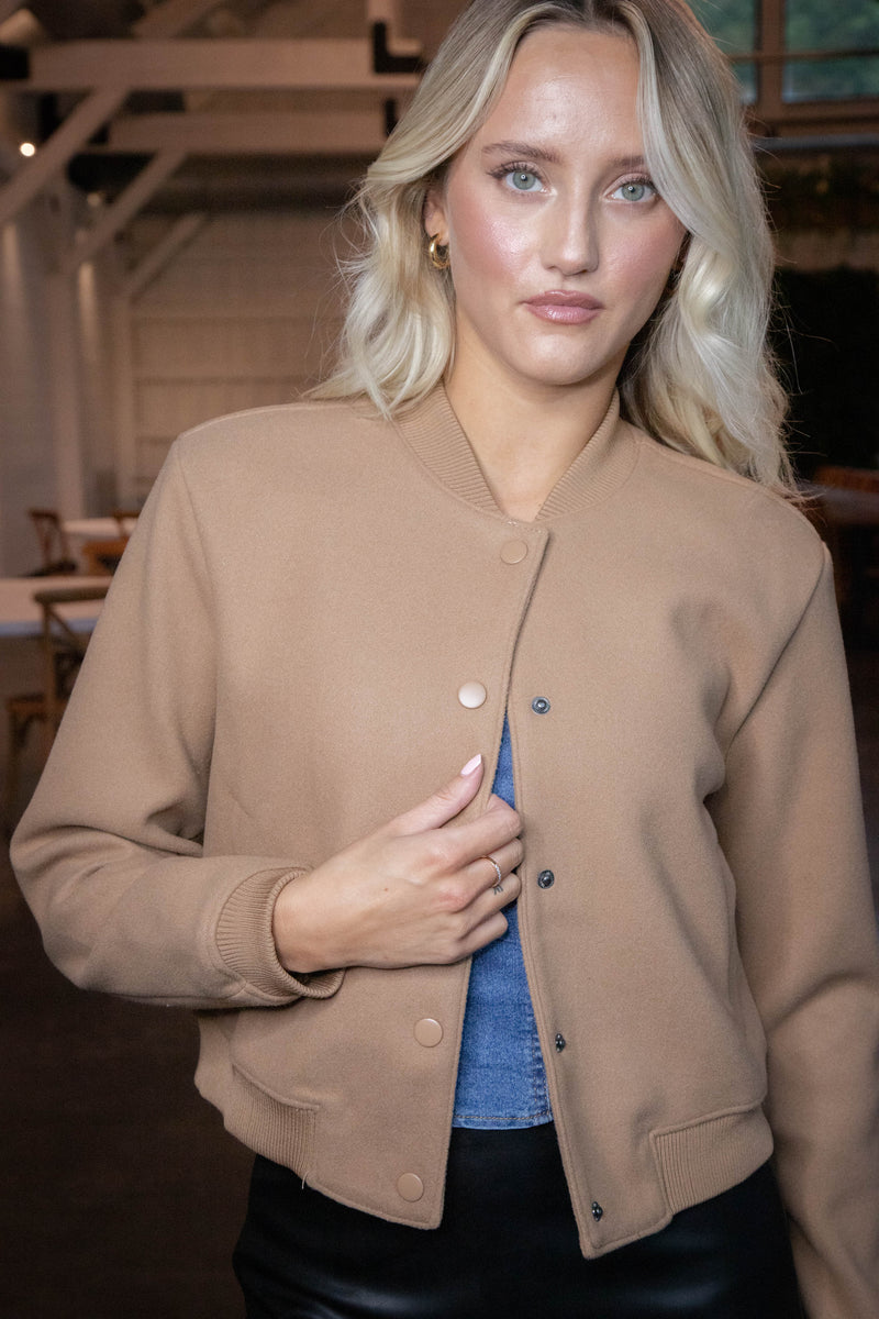 Kaley Snap Front Bomber Jacket, Camel