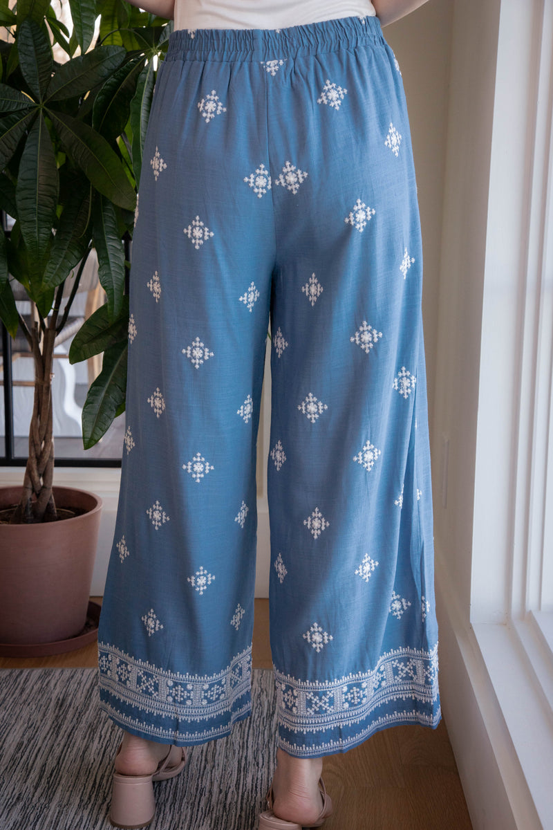 Guinevere Embroidered Wide Leg Pants, Dusty Blue