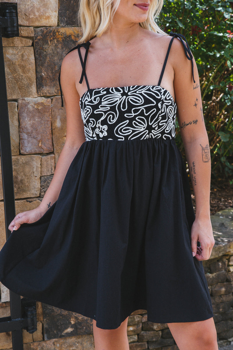 Sasha Abstract Embroidery Mini Dress, Black