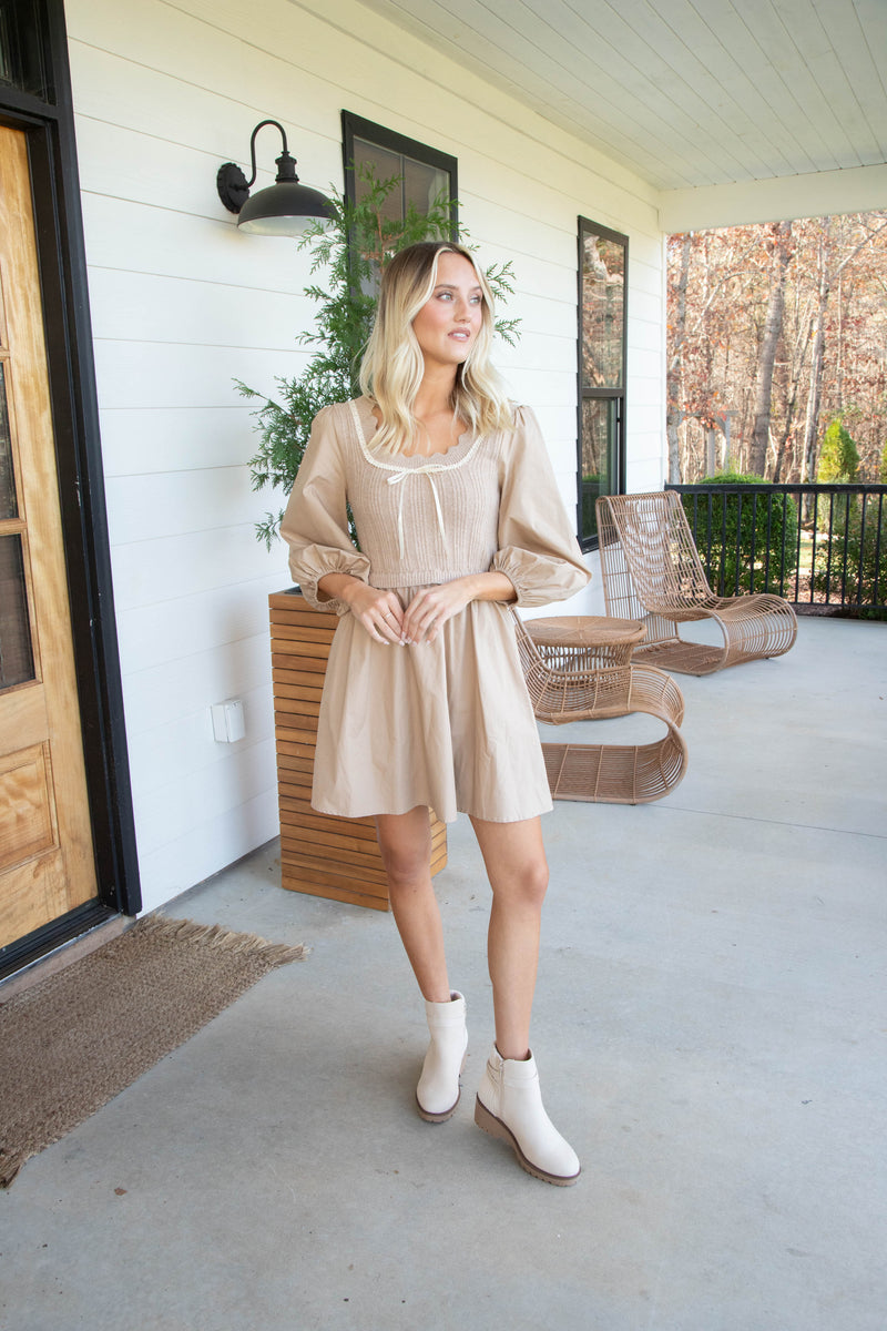 Aubreigh Sweater Woven Mini Dress, Tan