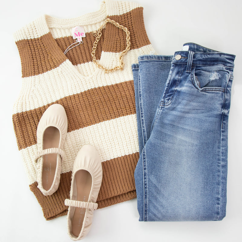 Mae Striped Sweater Vest, Coffee/Oatmeal