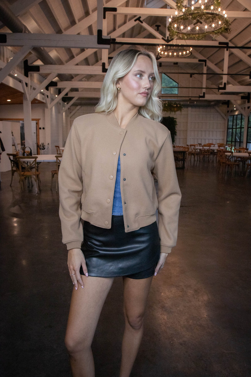 Kaley Snap Front Bomber Jacket, Camel