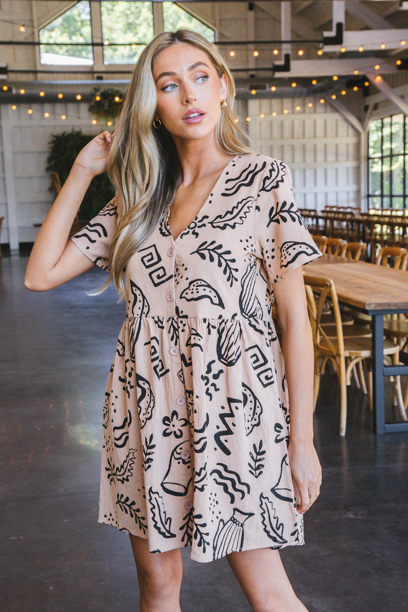 Mira Doodle Print Mini Dress, Tan