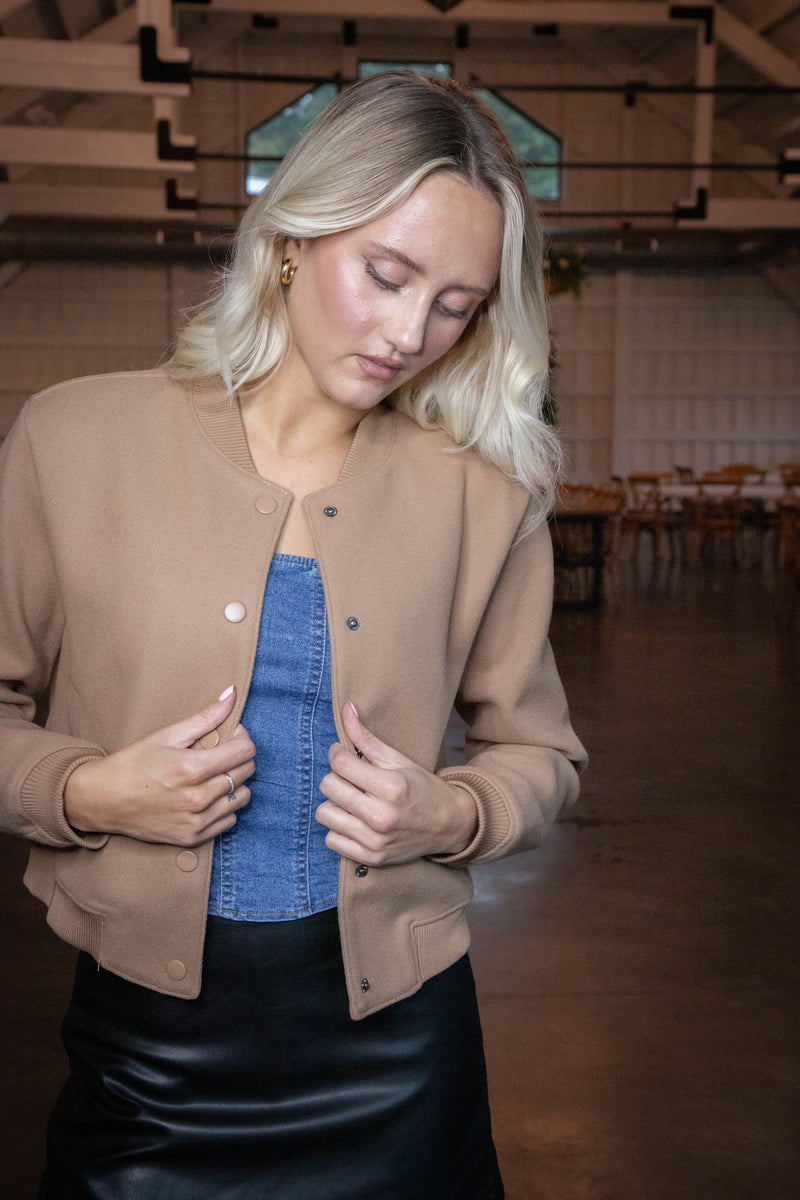 Kaley Snap Front Bomber Jacket, Camel