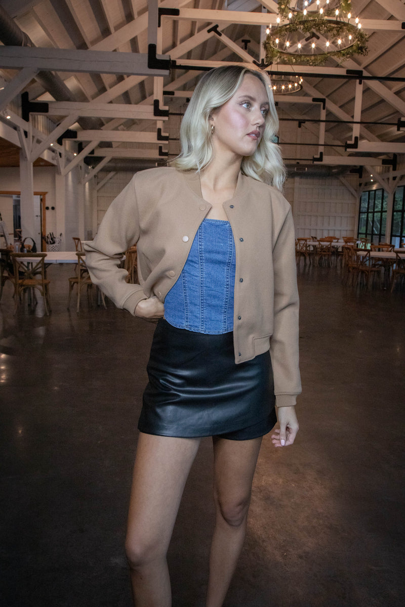 Kaley Snap Front Bomber Jacket, Camel