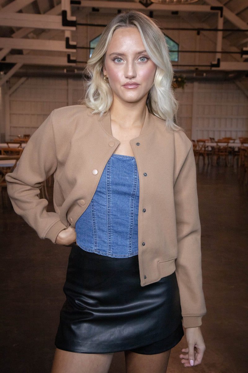 Kaley Snap Front Bomber Jacket, Camel