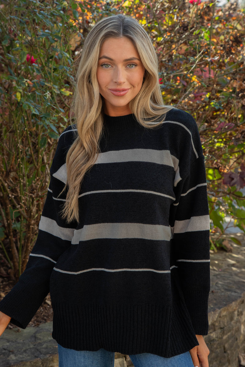 Modern Stripe Tunic Sweater, Black/Almond Stripe | Sanctuary