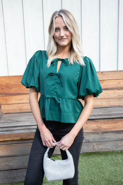 Oaklynn Puff Sleeve Peplum Top, Hunter Green