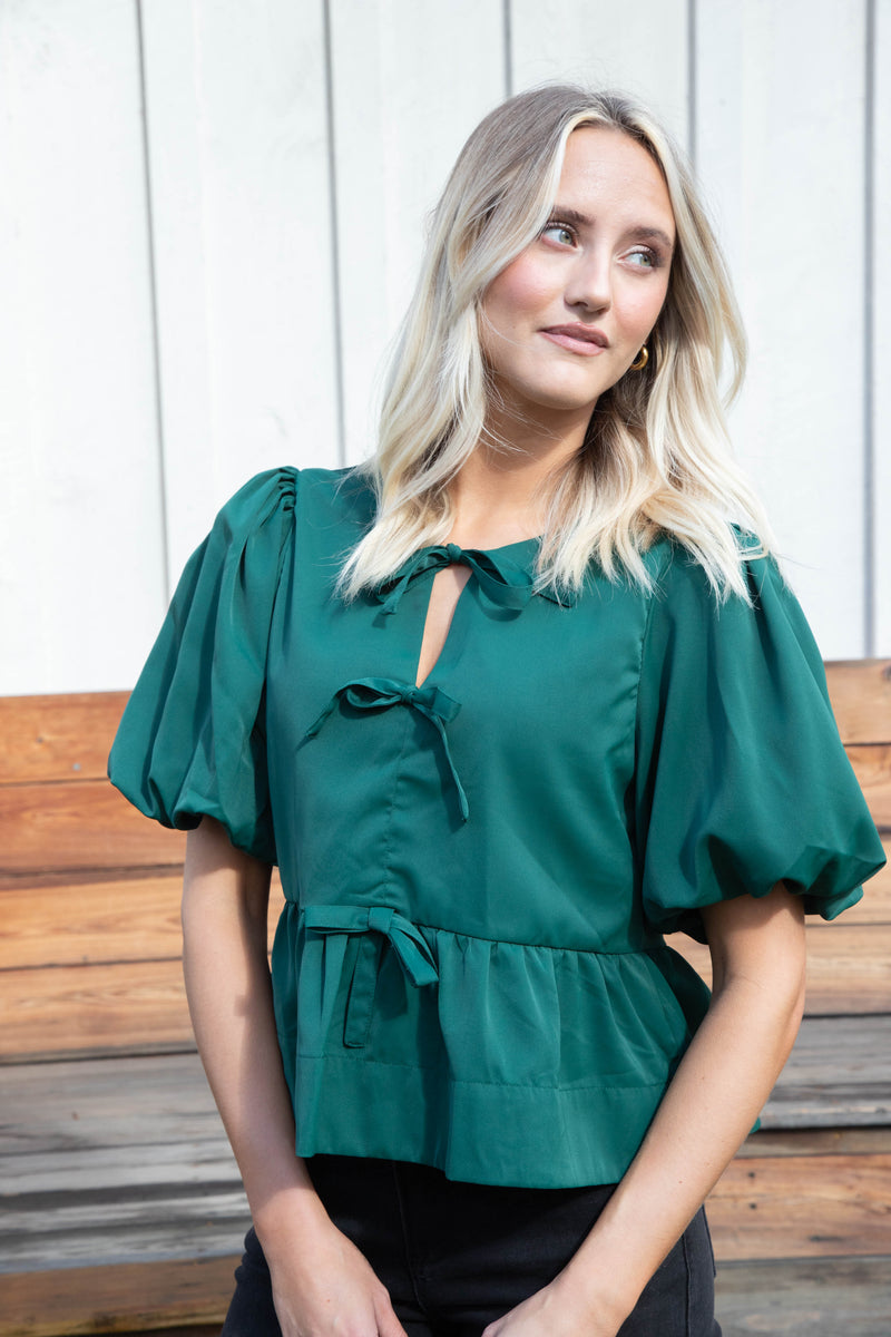 Oaklynn Puff Sleeve Peplum Top, Hunter Green